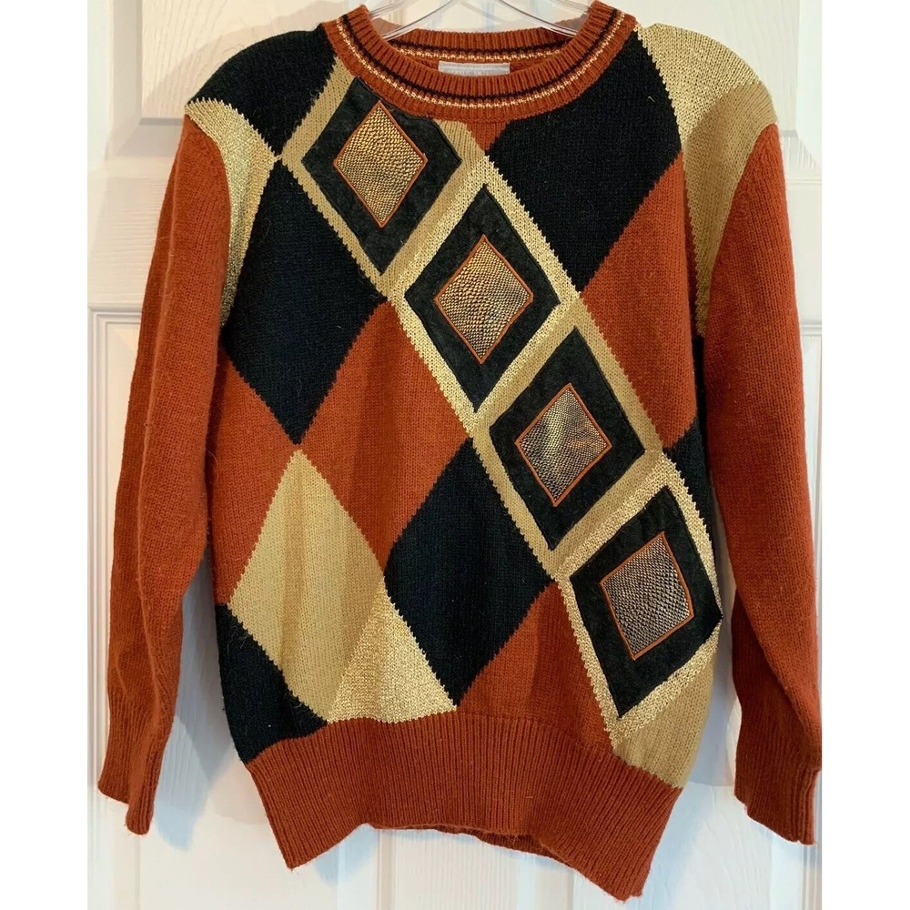 Vintage Joyce Sweater Diamond Argyle Print Size Small Gold Metallic Snakeskin